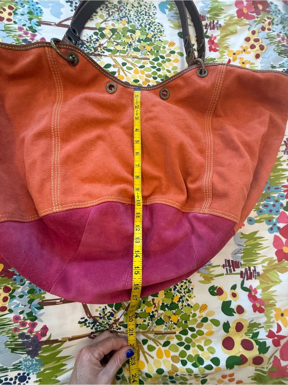 Gorgeous Lucky Brand Oversized Orange Pink Suede Canvas Travel Tote Y2K Rare. π©·π§‘ - Picture 14 of 15